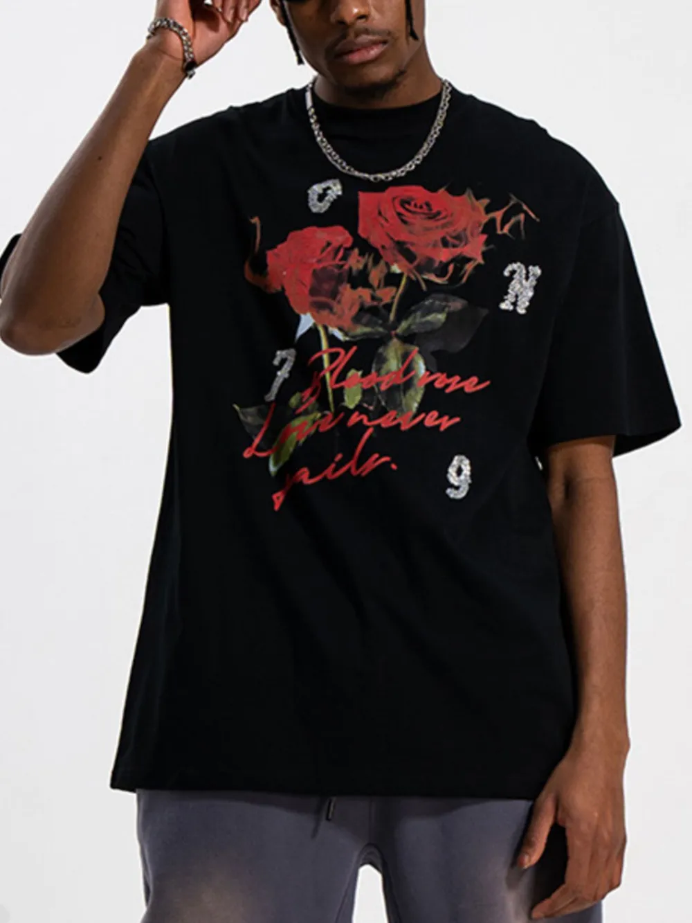 Men's Rose Graphic T-Shirt with Vintage Script Design, image 2