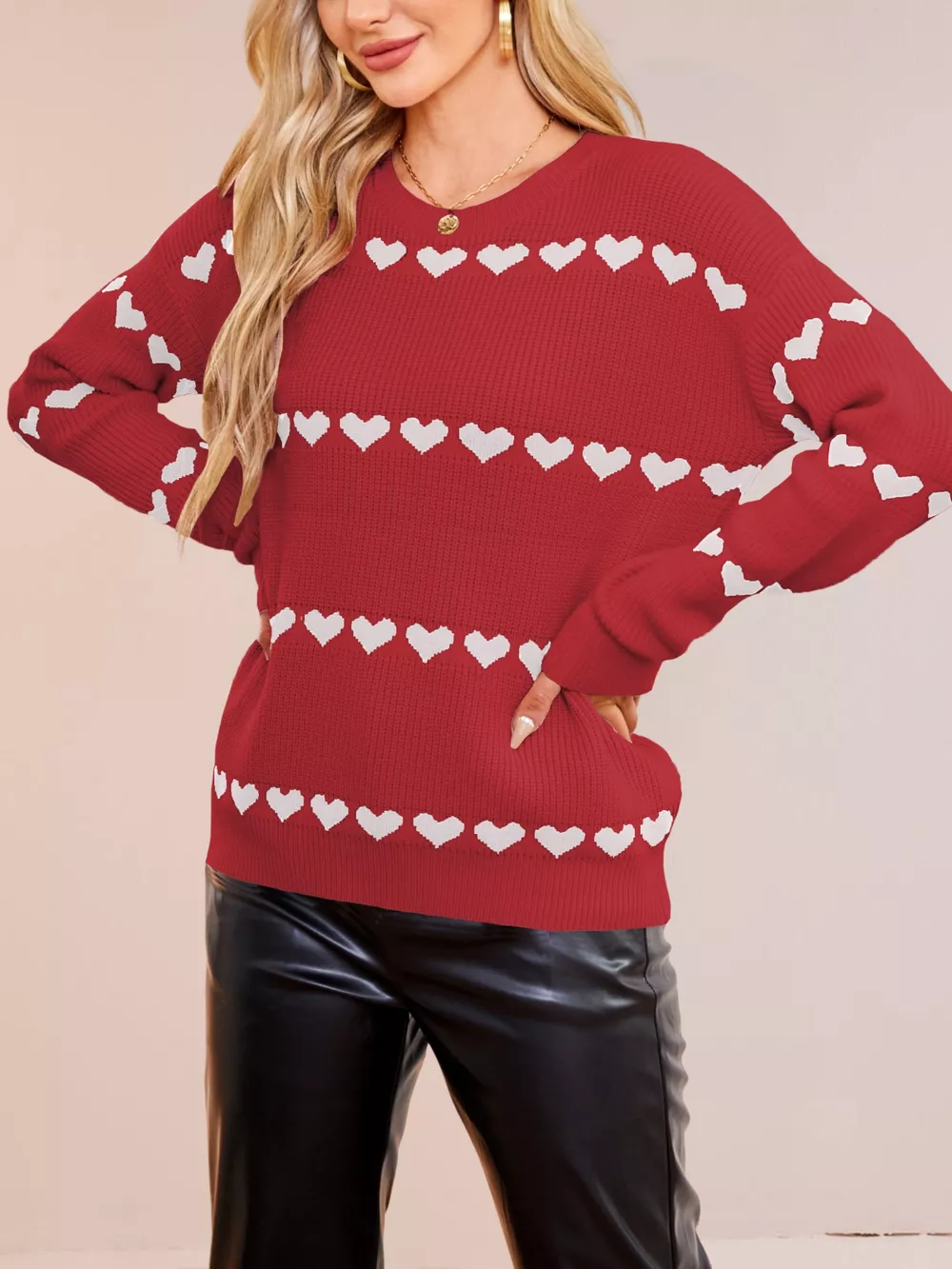 Heart Pattern Dropped Shoulder Sweater, image 19