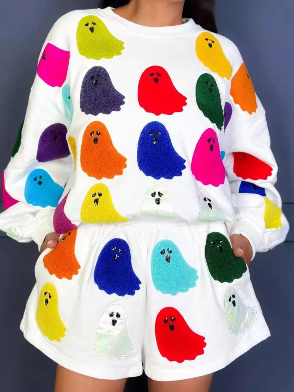 Ghost Printed Round Neck Long Sleeve Top and Shorts Set, image 5