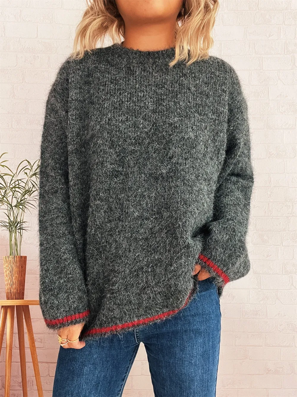 Contrast Trim Round Neck Cozy Sweater, image 5