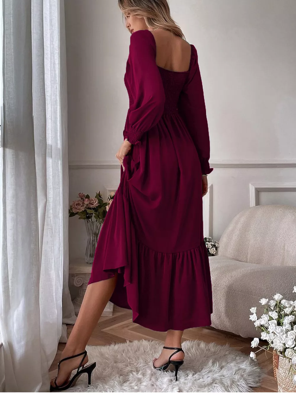 Smocked Long Sleeve Midi Dress, image 15