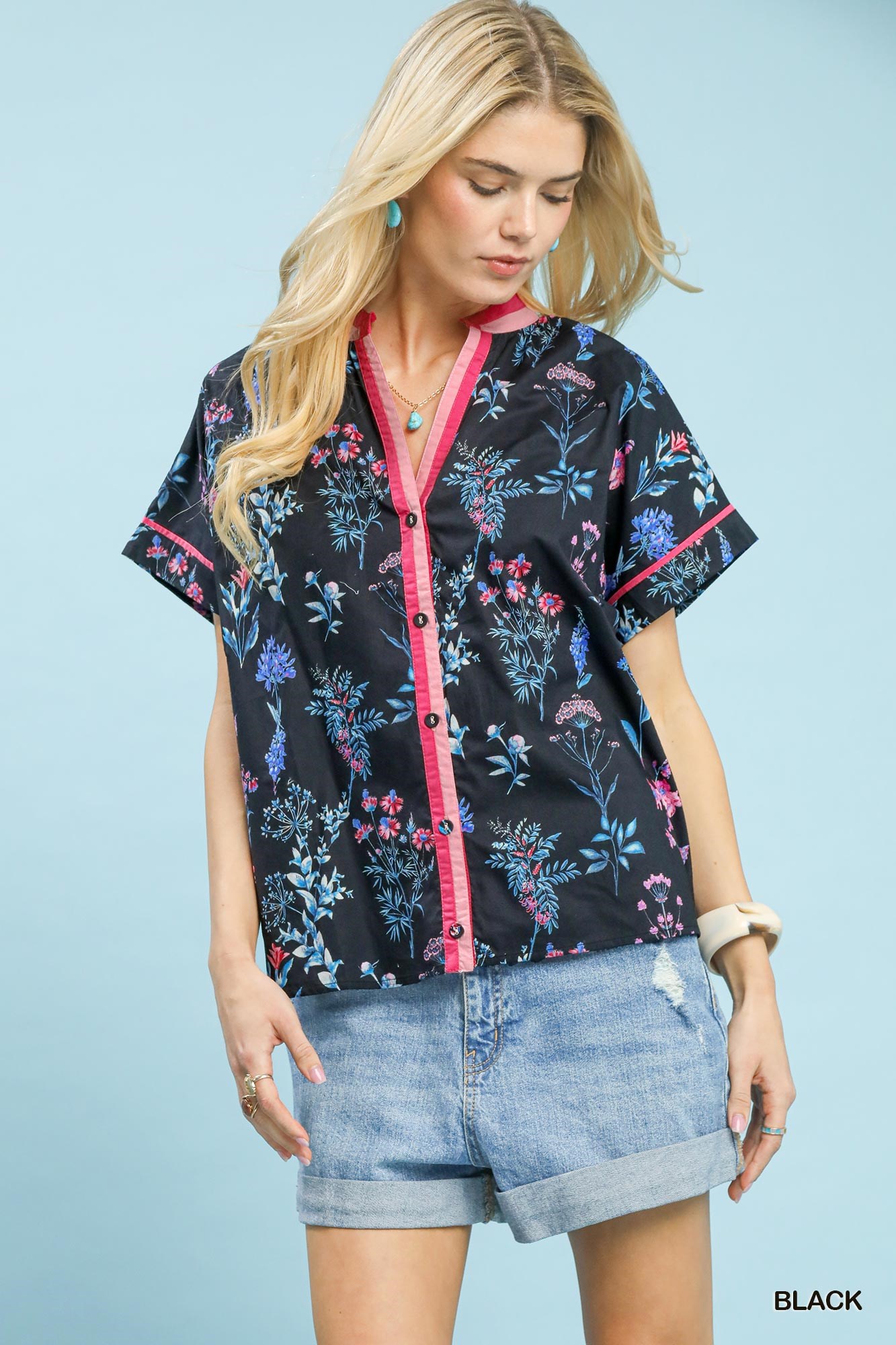 Botanical Floral Button Front Top