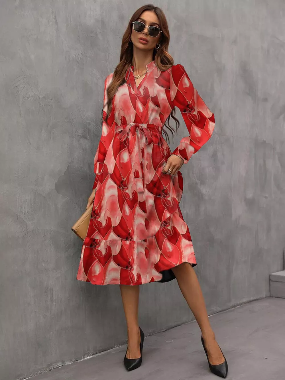 Notched Tie Waist Long Sleeve Dress, image 4