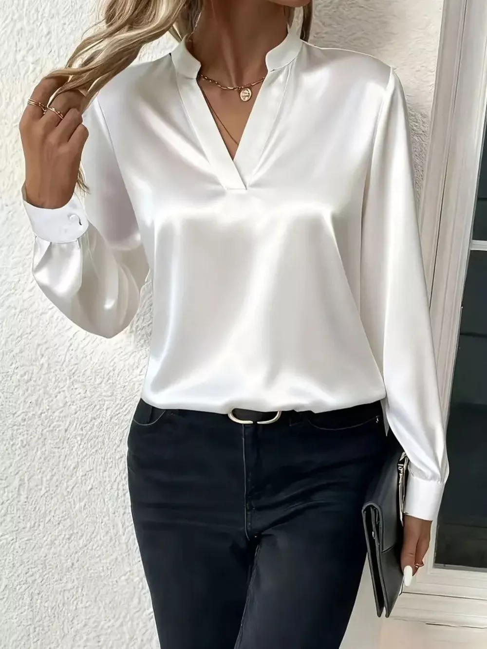 Satin Notched Long Sleeve Blouse, image 5
