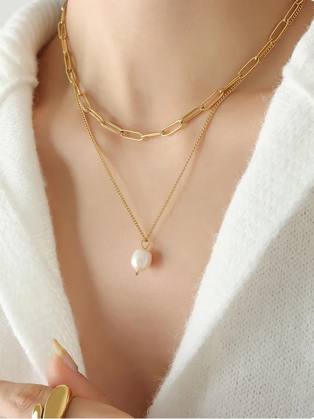Freshwater Pearl Titanium Steel Double-Layered Necklace, image 7