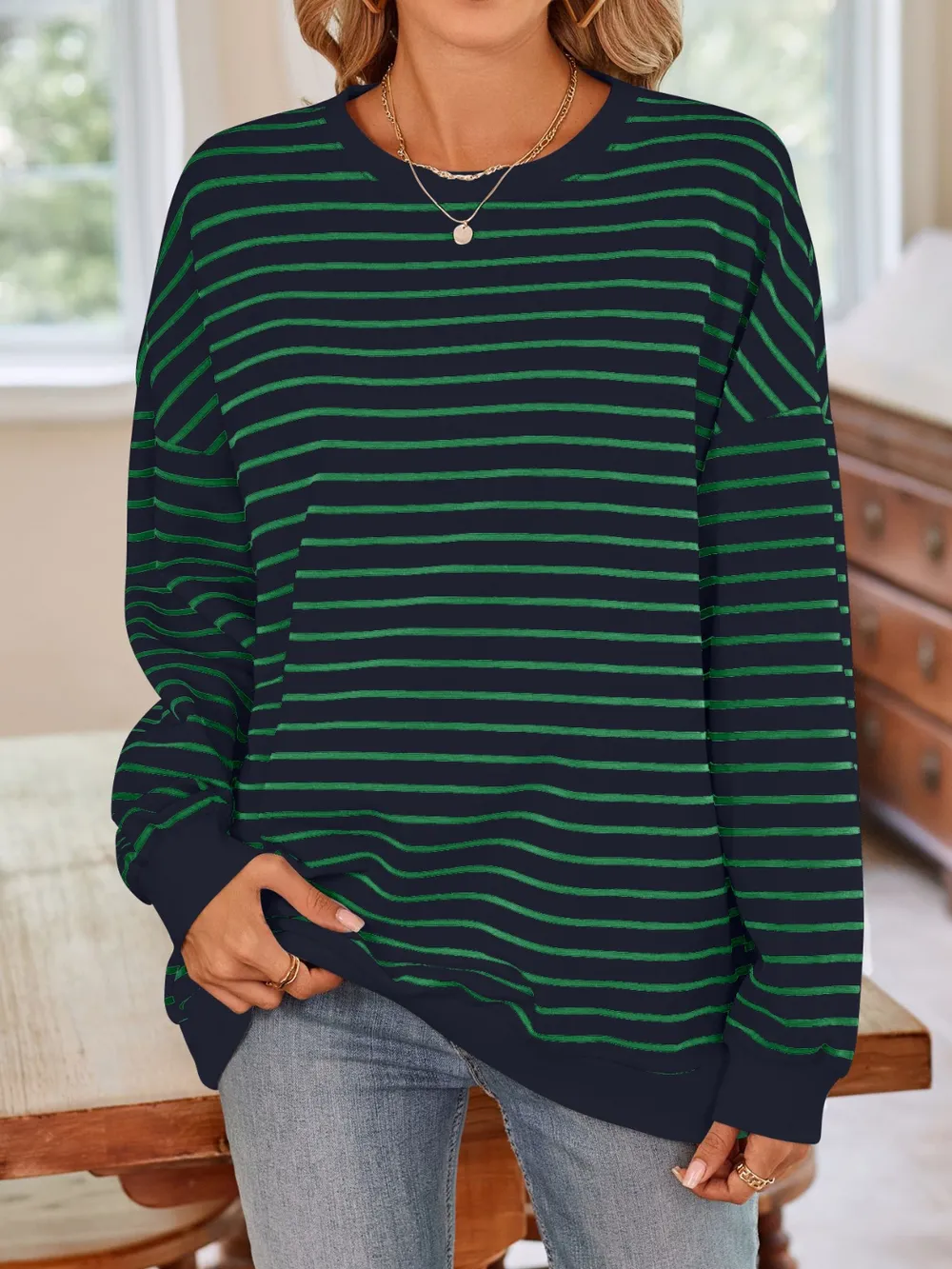 Striped Round Neck Long Sleeve Sweatshirt, image 36
