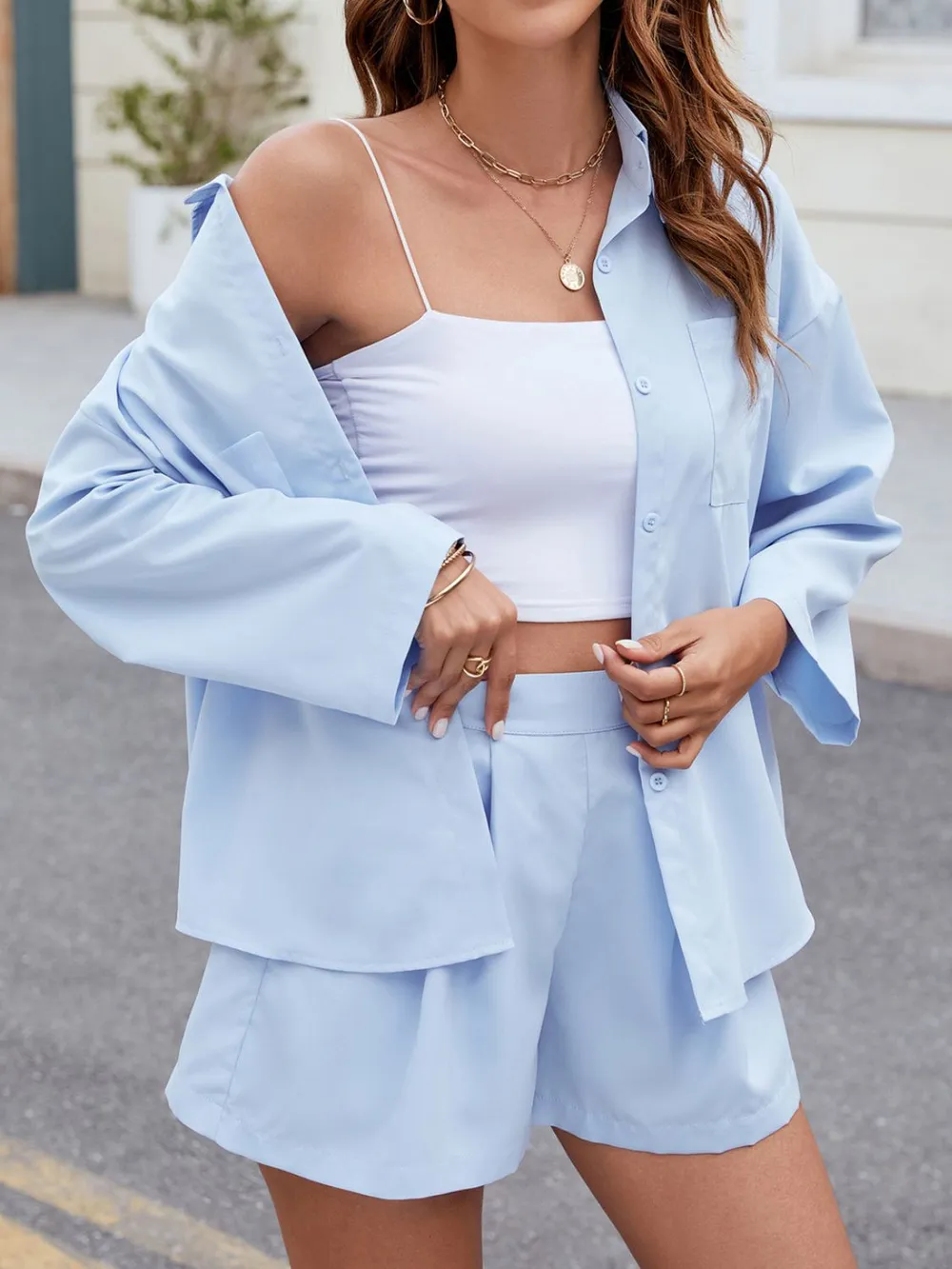 Button Up Long Sleeve Top and Shorts Set, image 5