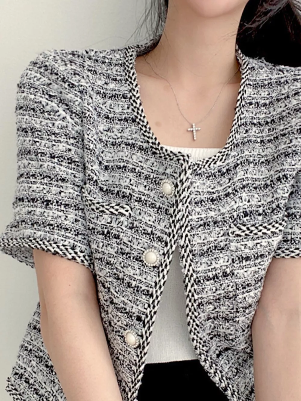 Pearl Button Short Sleeve Tweed Outerwear, image 6