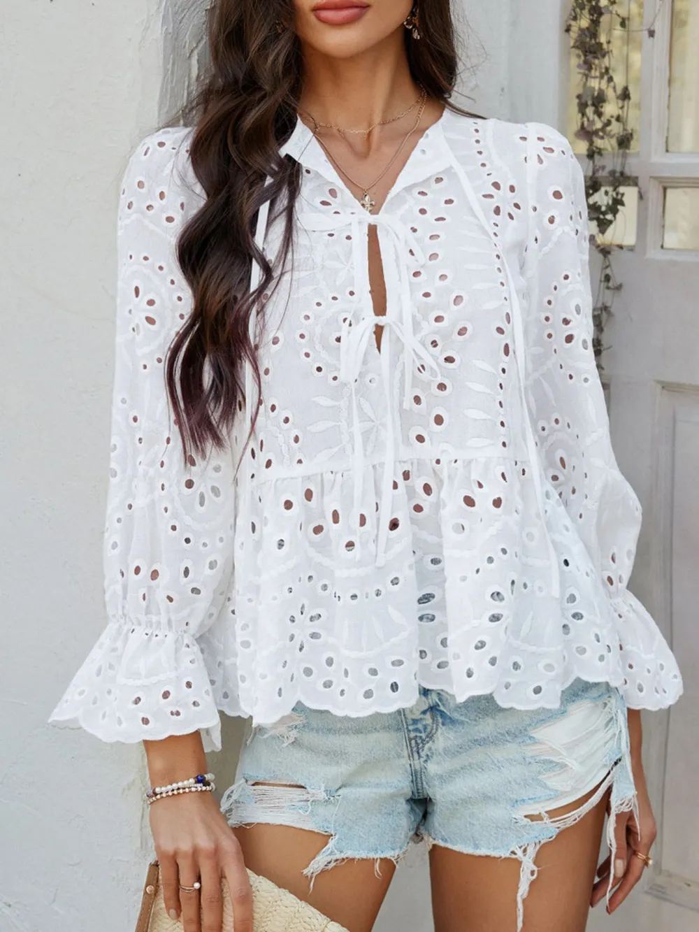 Tie Front Flounce Sleeve Peplum Blouse, image 16