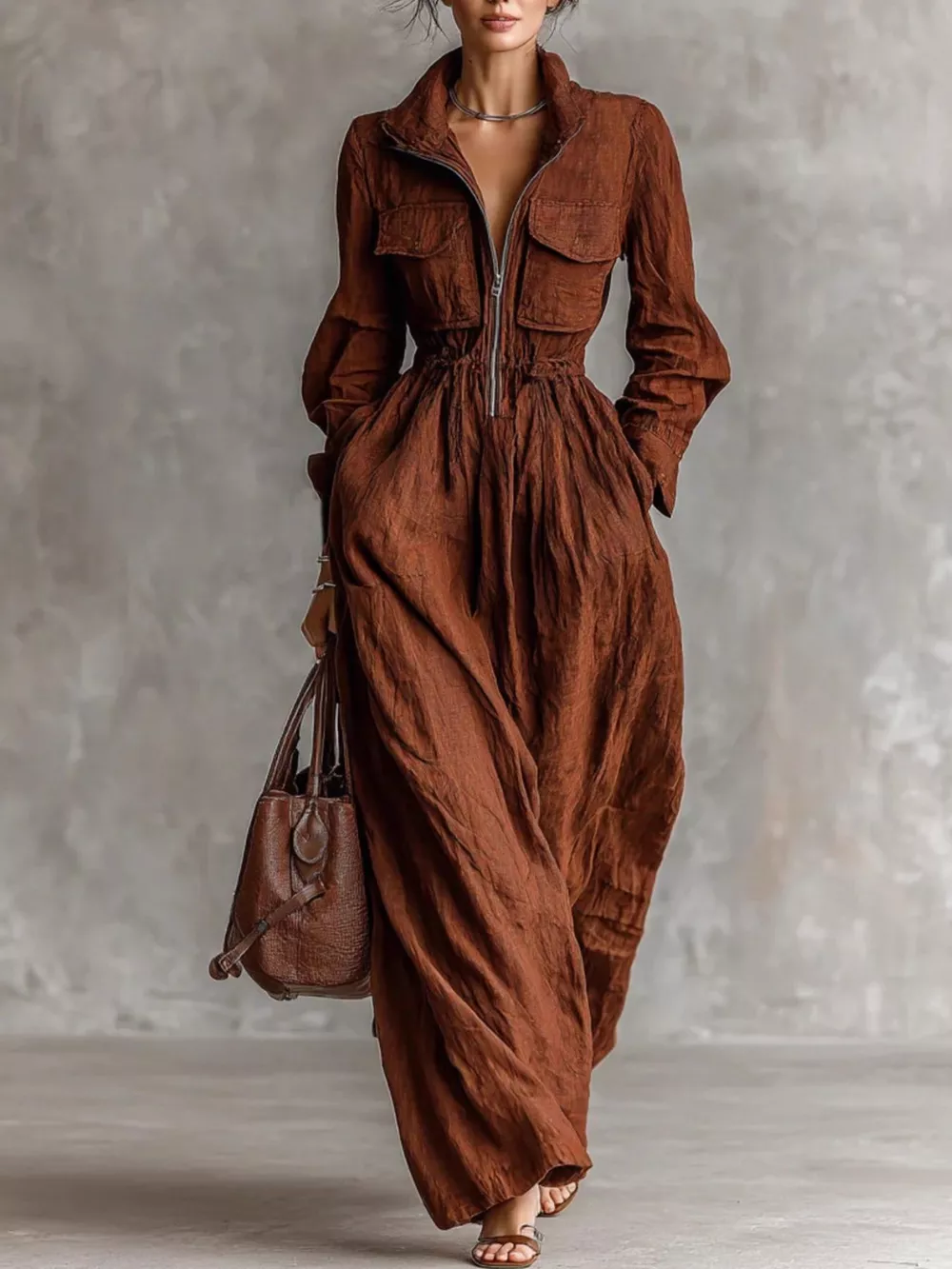 Zip-Front Long Sleeve Maxi Shirt Dress, image 5