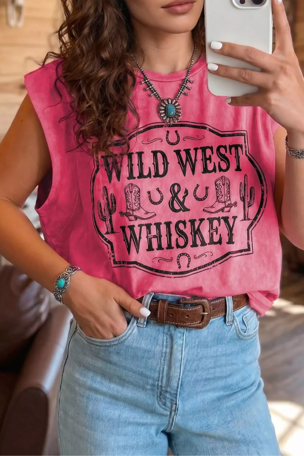 Washed Wild West Whiskey Print Sleeveless Muscle Top, image 4