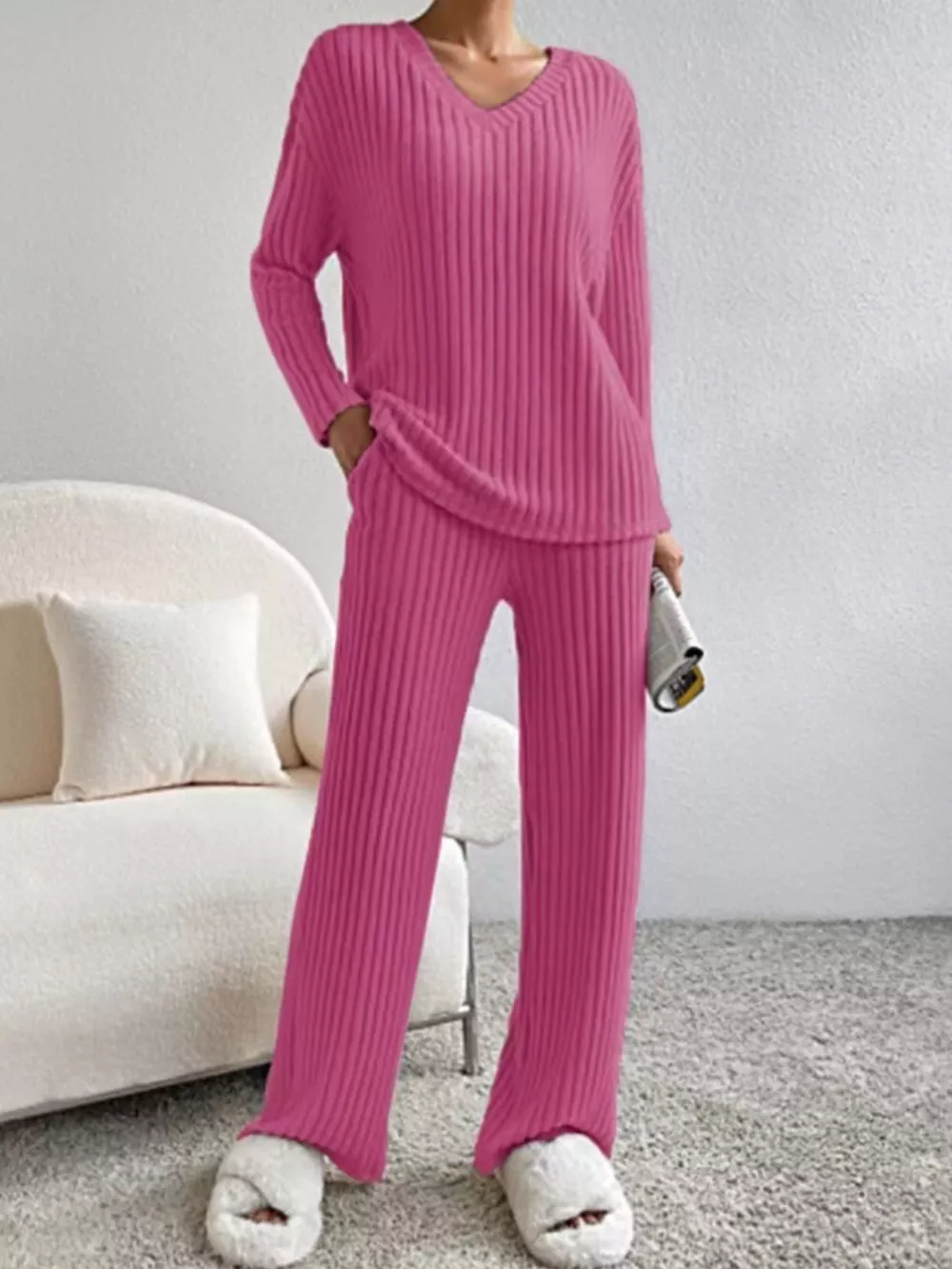 Ribbed Knit V-Neck Top and Pants Set, image 3