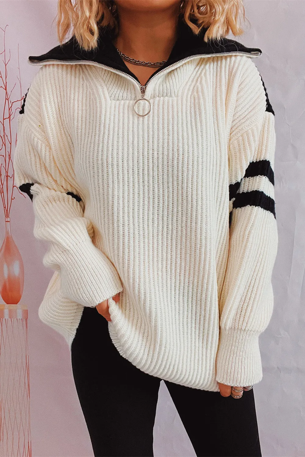Quarter Zip Striped Dropped Shoulder Sweater, image 9