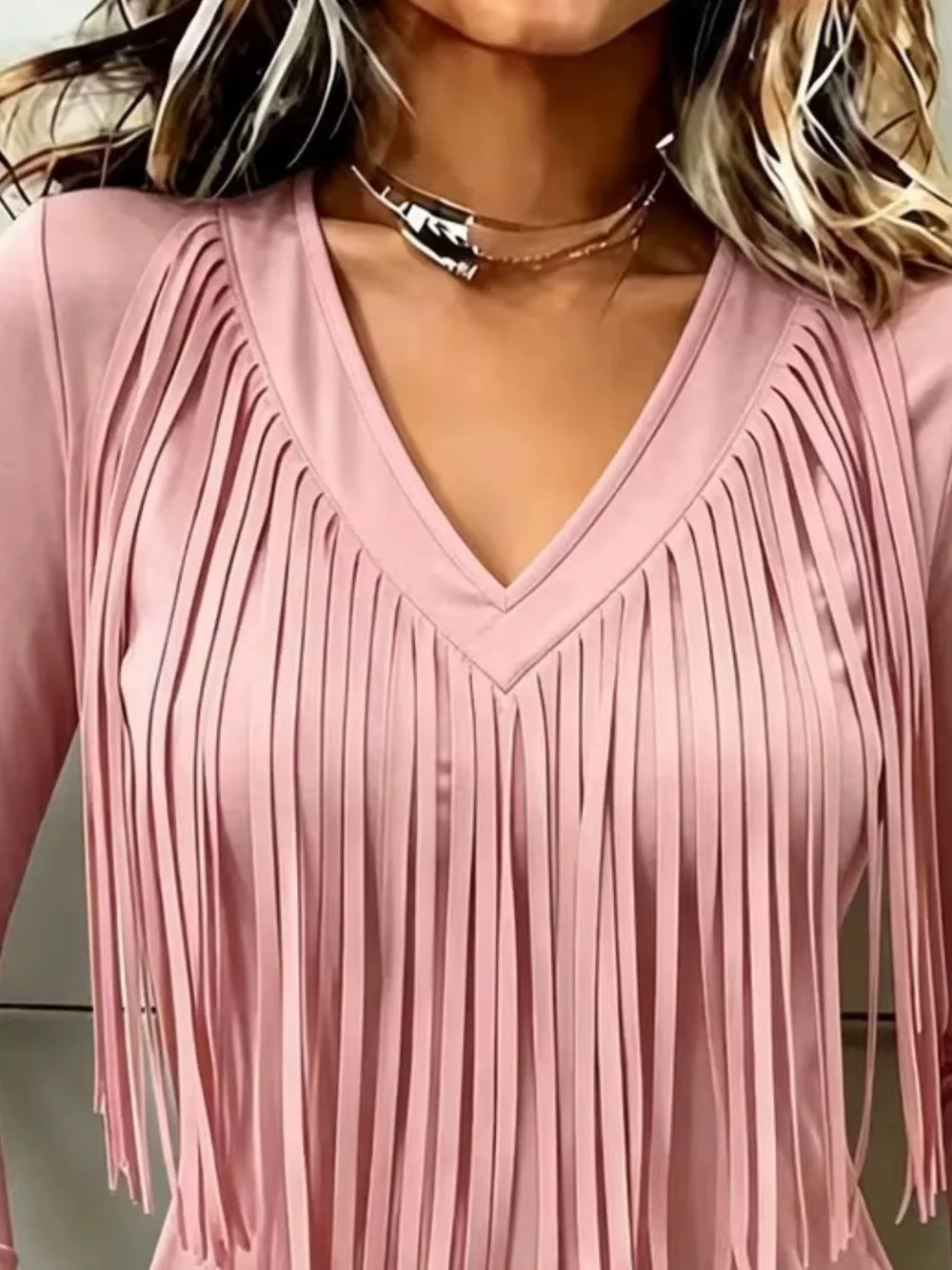 Fringe V-Neck Long Sleeve T-Shirt, image 8
