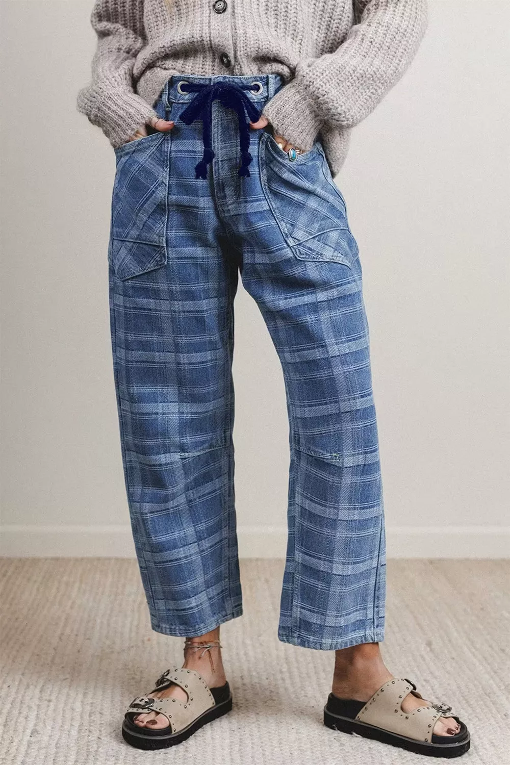 Plaid Denim Grommet Drawstring Waist Ankle-Length Jeans, image 2