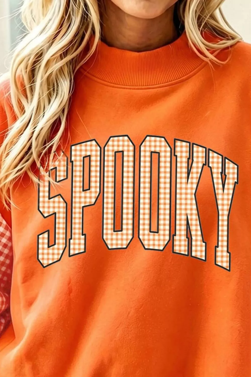 Plaid Contrast Sleeve SPOOKY Letter Graphic Sweatshirt, image 3