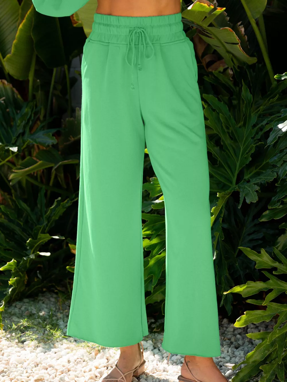 Drop Shoulder Puff Sleeve Crop Top and Drawstring Wide Leg Pants Set, image 9