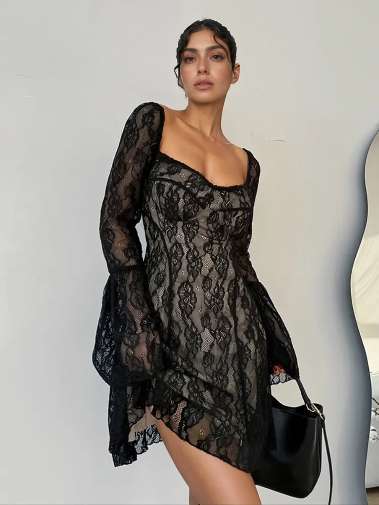Lace Sweetheart Neck Flare Sleeve Mini Dress, image 2