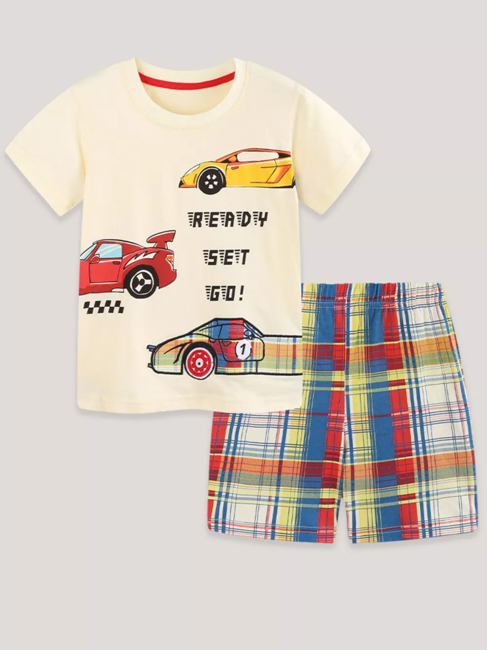 Children's Racing Car Print T-Shirt and Plaid Shorts Set, image 2