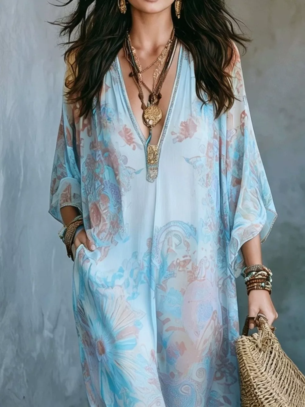 Full Size Floral Print V-Neck Maxi Dress Plus Size, image 9