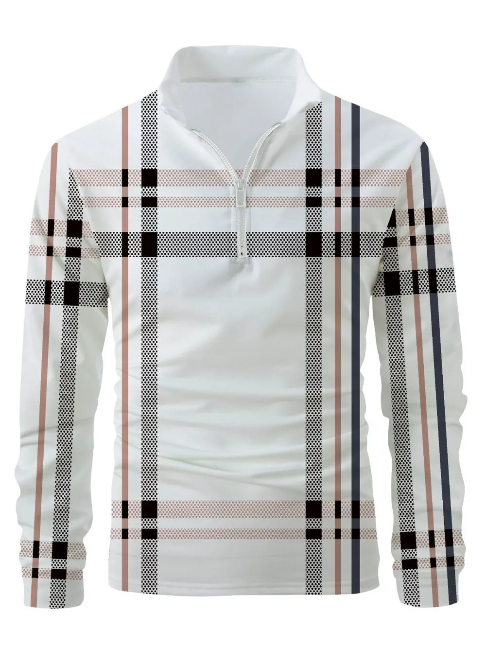 Men's Full Size Plaid Zip Collar Long Sleeve Polo Plus Size, image 6