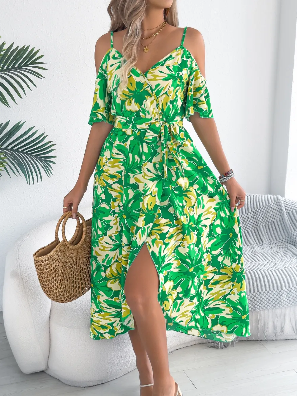 Printed Cold Shoulder Midi Cami Dress, image 11