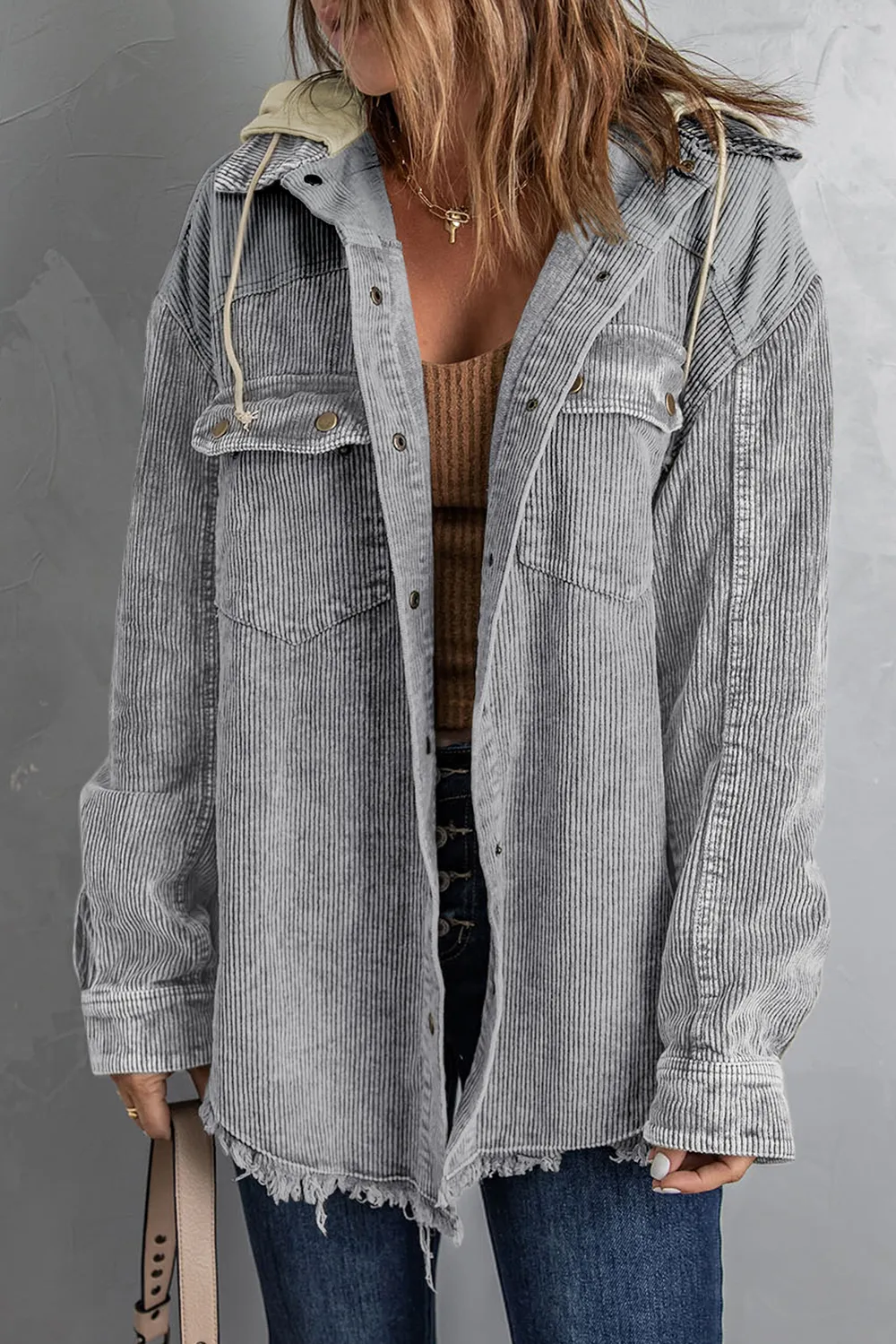 Snap Front Hooded Corduroy Shacket, image 14