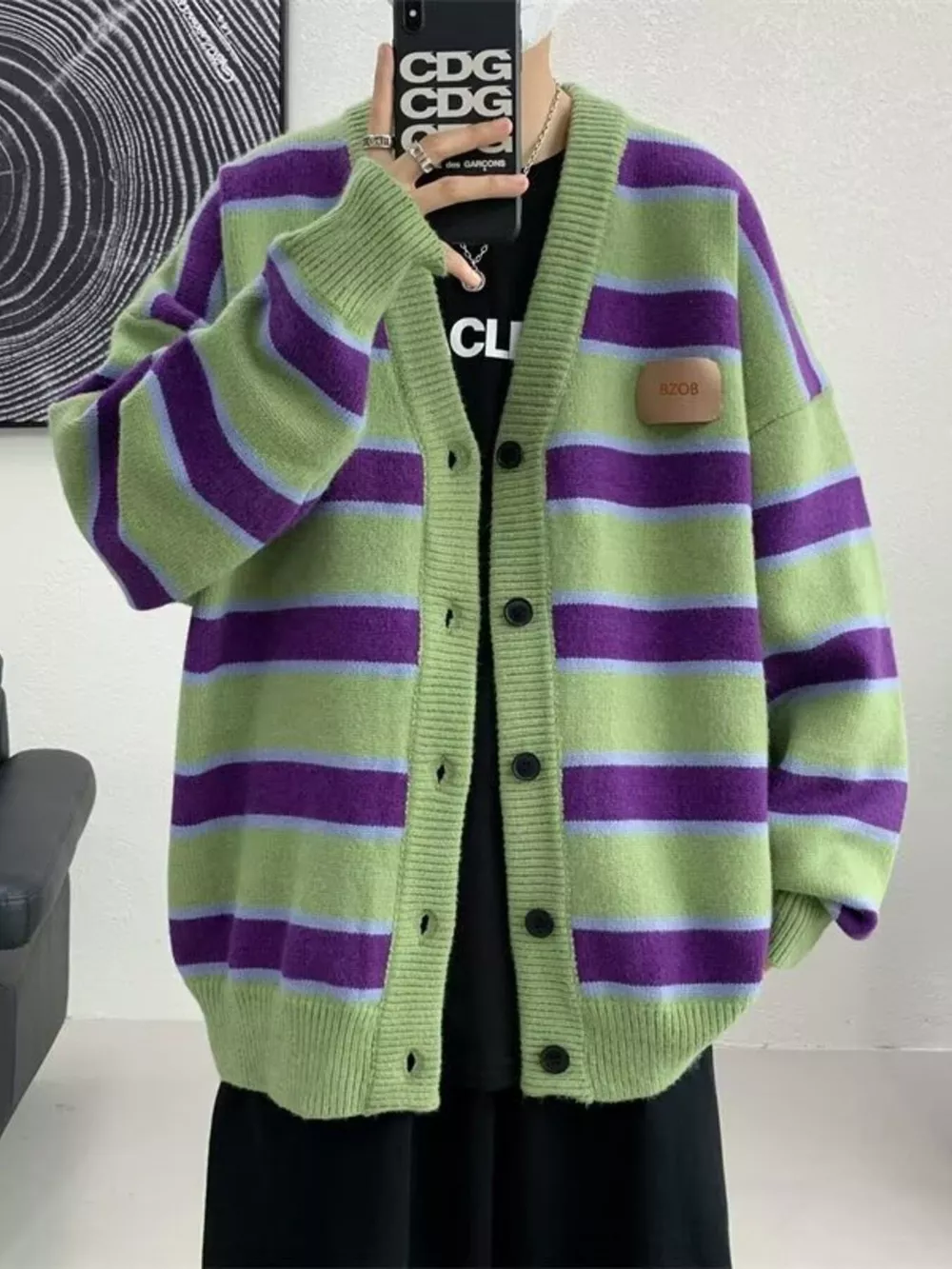 Men's Striped V-Neck Knitted Cardigan, image 2