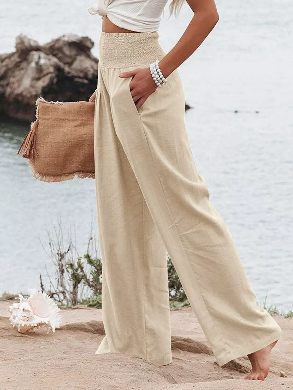 Smocked High Waisted Wide Leg Pants, image 18