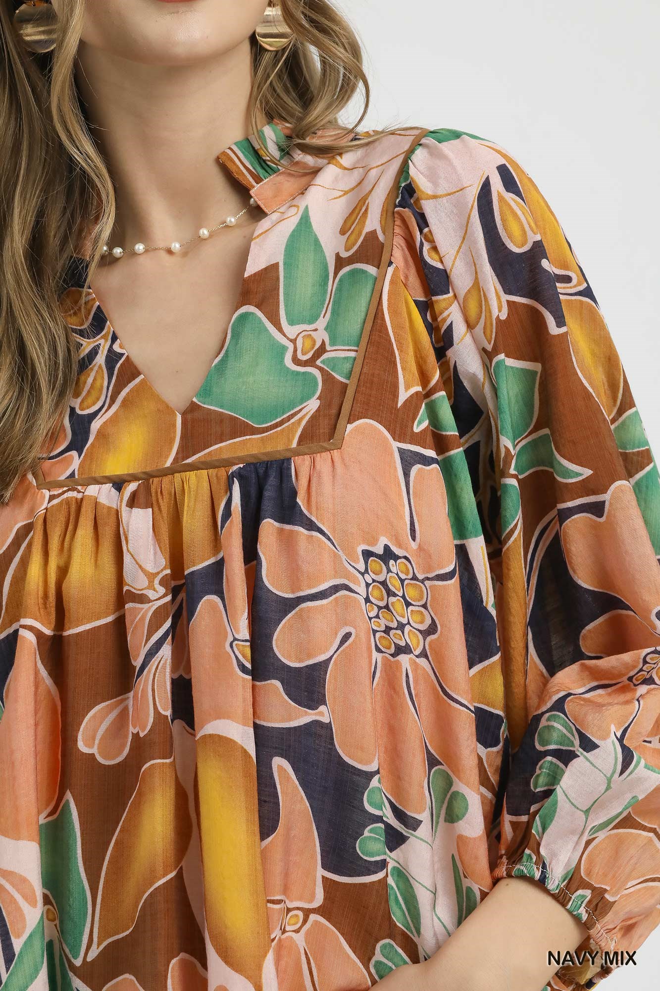 Multicolor Abstract Floral Print Blouse with Ruffle Neck, image 2
