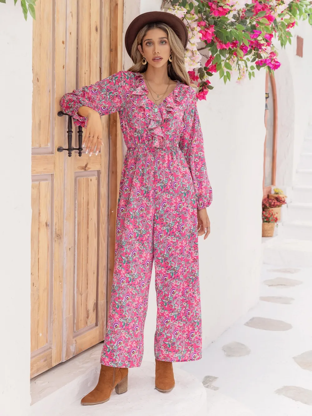 Printed Ruffled V-Neck Balloon Sleeve Jumpsuit, image 6