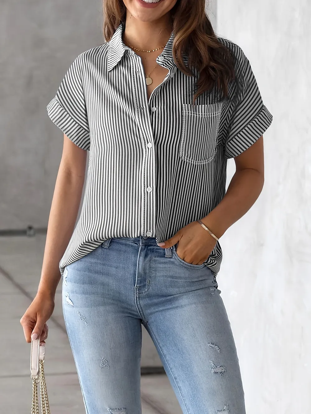 Full Size Striped Button-Up Casual Shirt with Pocket Plus Size