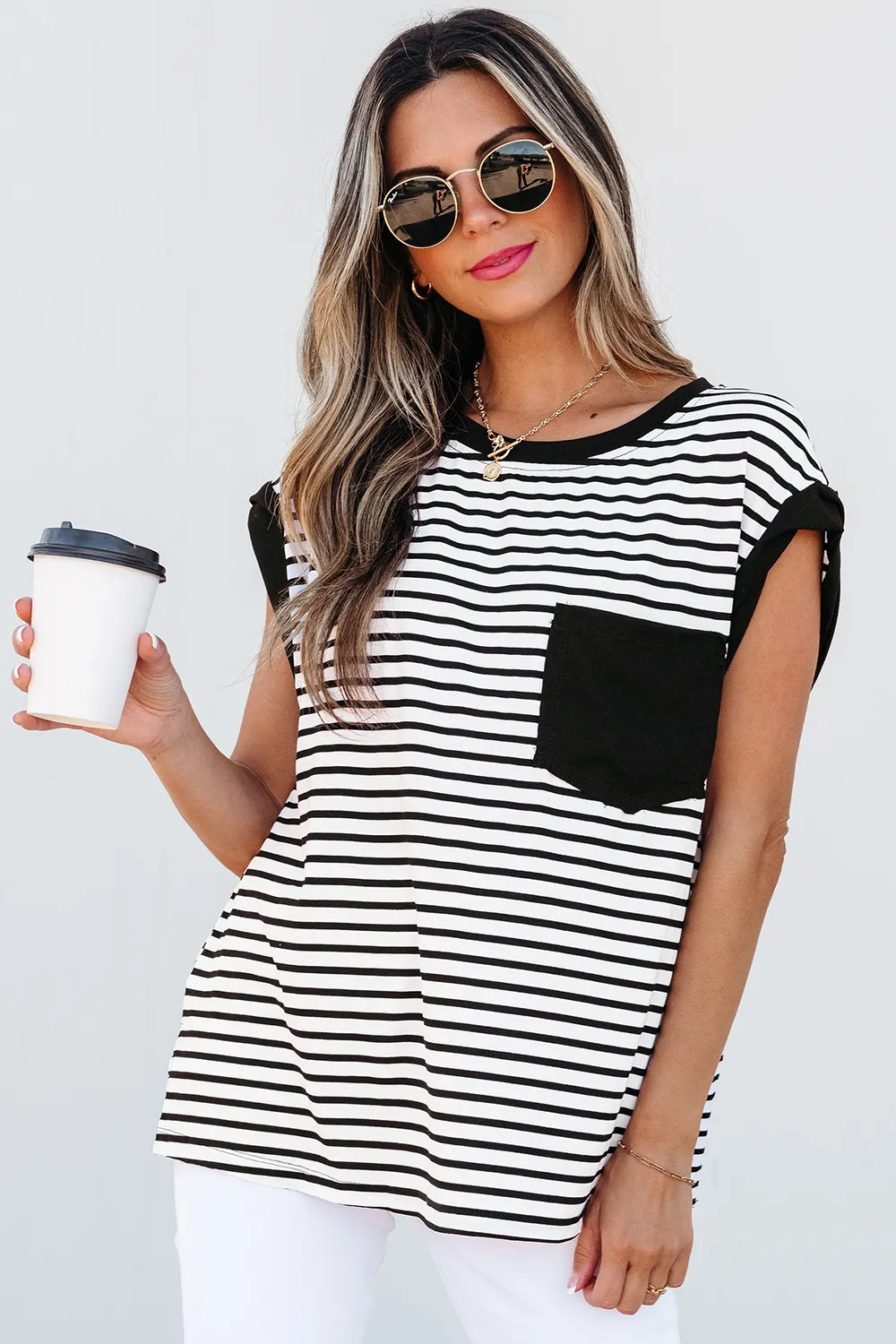 Striped Round Neck Cap Sleeve Top, image 13