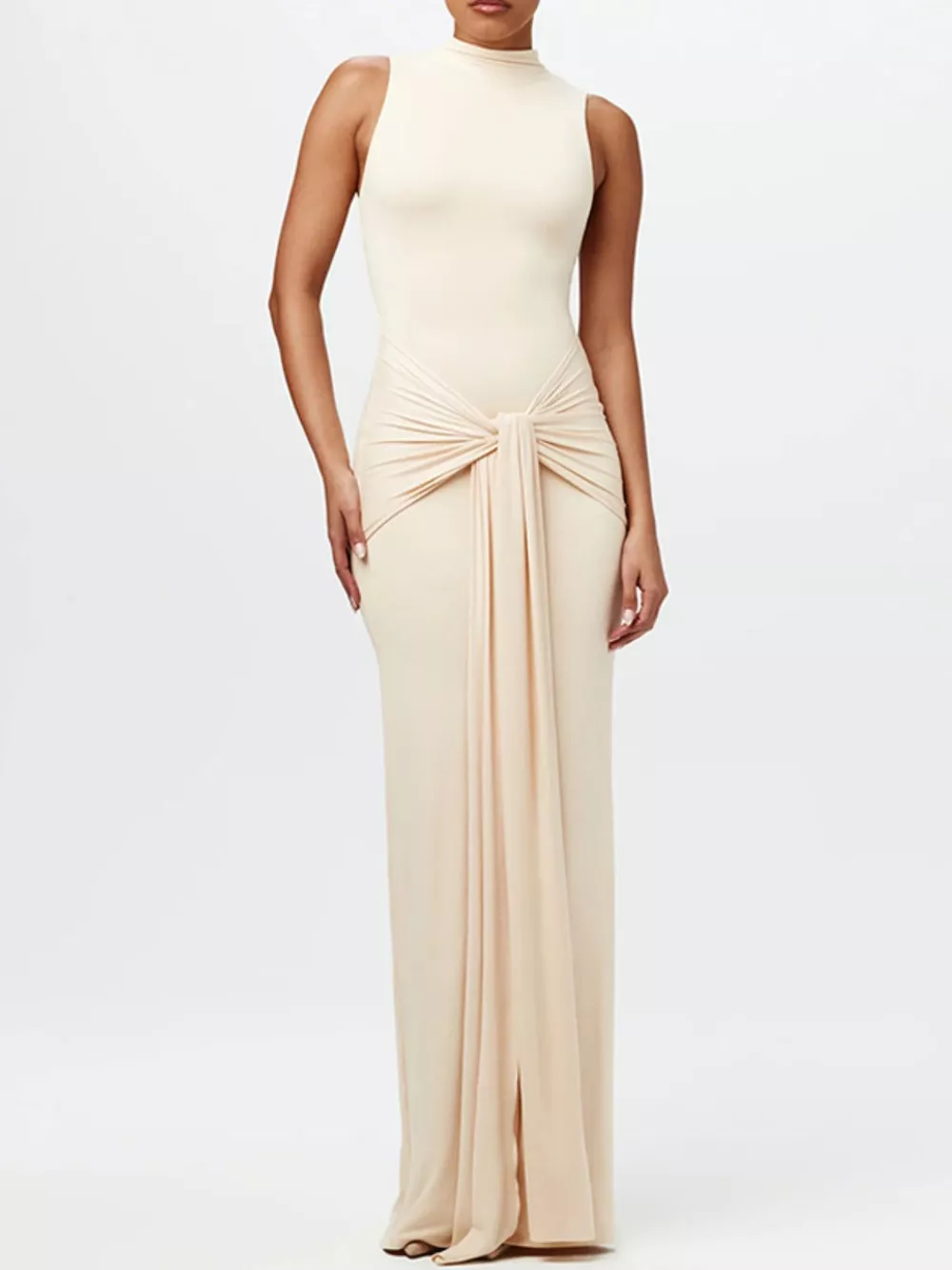Sleeveless Mock Neck Knot Front Maxi Dress, image 8