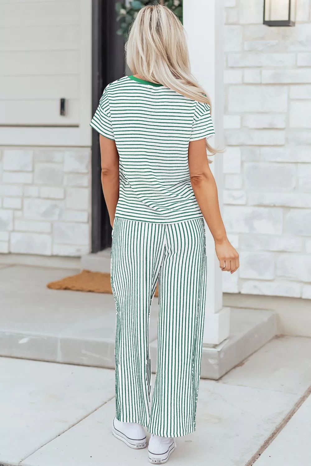 Stripe Crew Neck Tee Drawstring Waist Cropped Pants Set, image 3