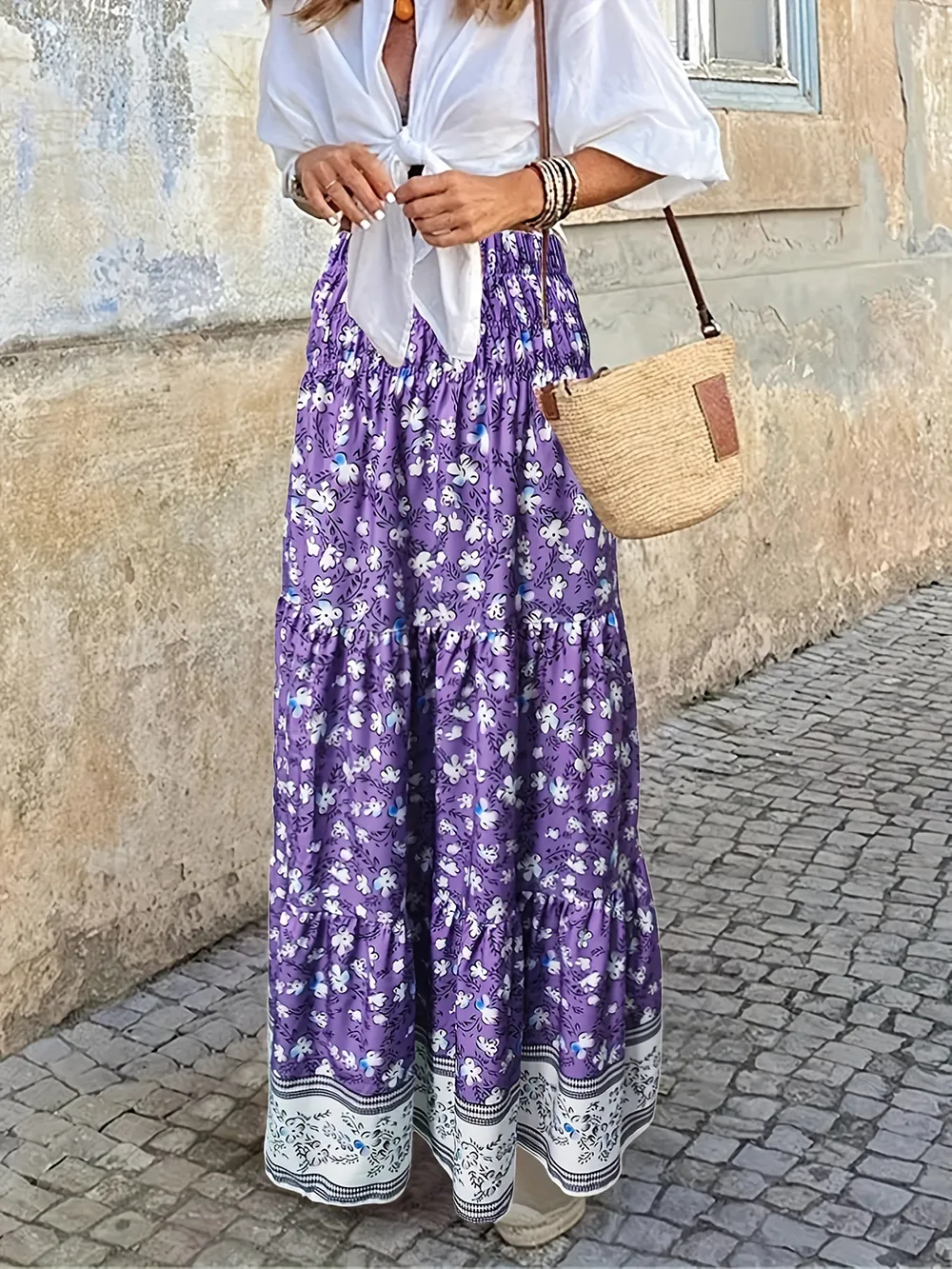 Full Size Tiered Printed Elastic Waist Skirt, image 9