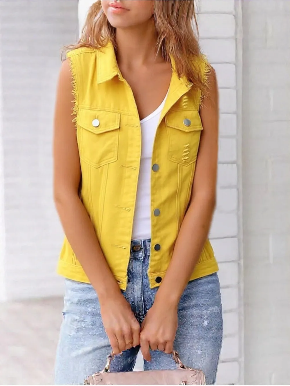 Full Size Button Down Raw Hem Sleeveless Denim Jacket Plus Size, image 18