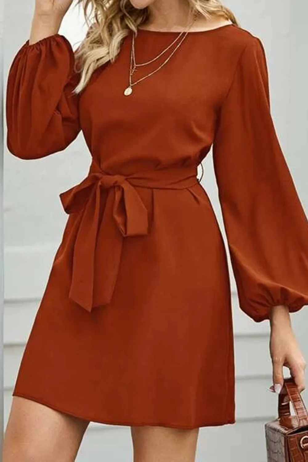 Tied Boat Neck Balloon Sleeve Mini Dress, image 29