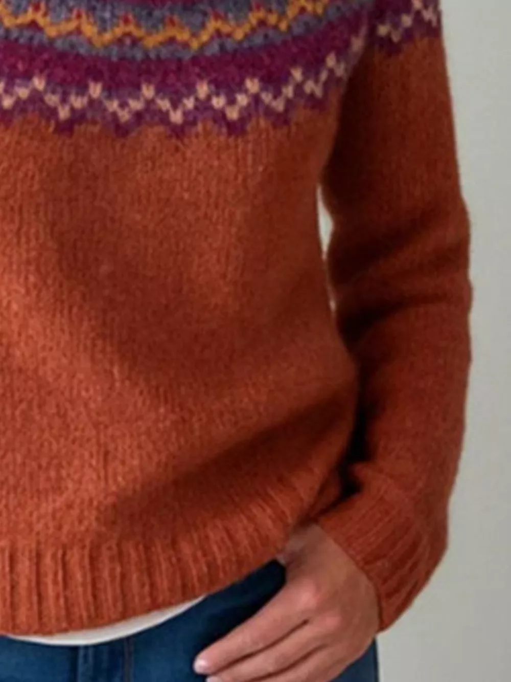 Full Size Vintage Patterned Round Neck Sweater Plus Size, image 24