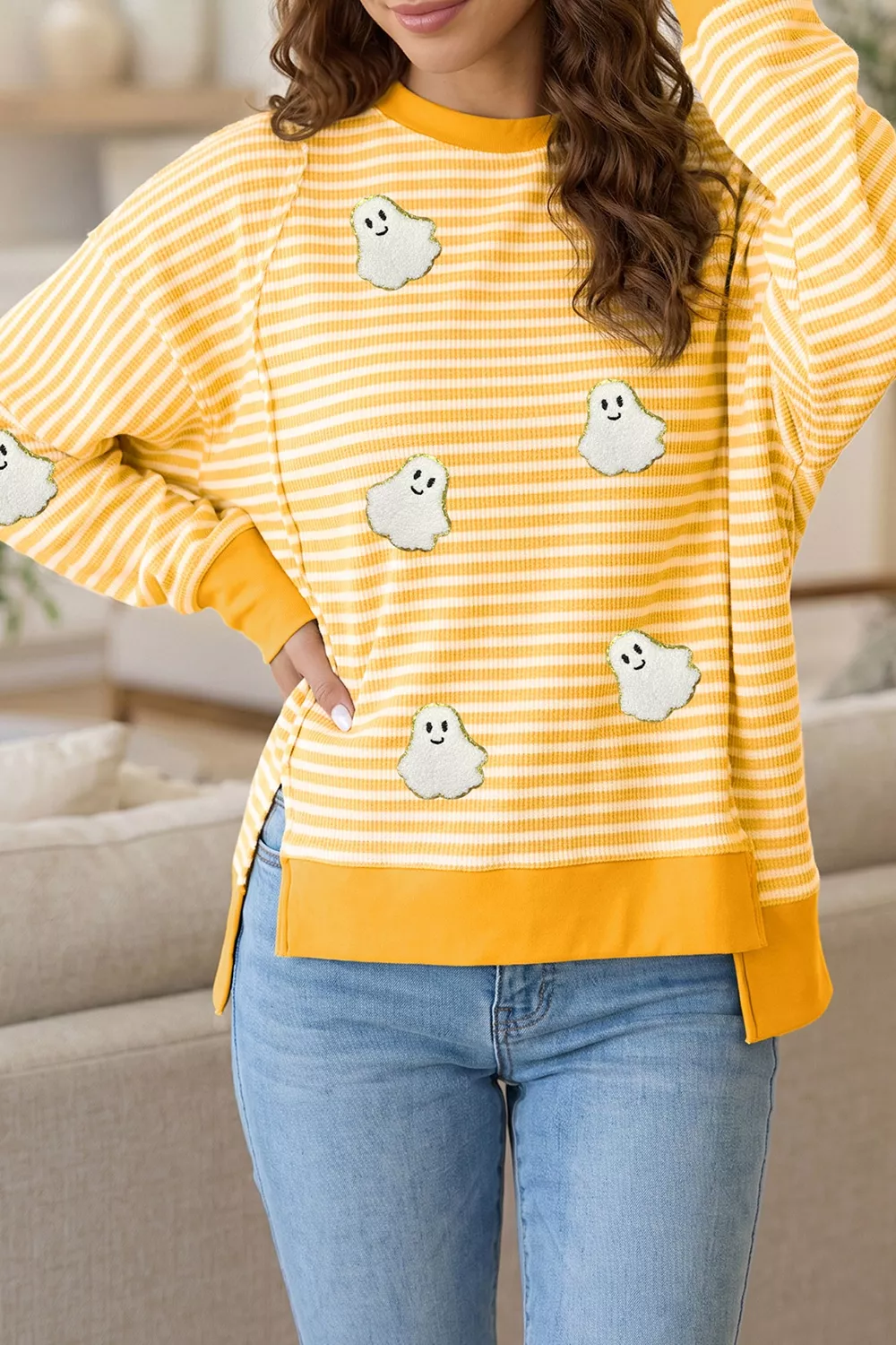 Stripe Halloween Ghost Patch Round Neck Long Sleeve Top, image 3