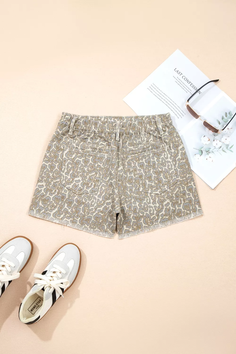 Raw Edge Leopard Print Denim Shorts, image 4