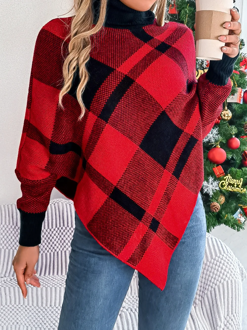 Plaid Turtleneck Batwing Sleeve Sweater, image 3