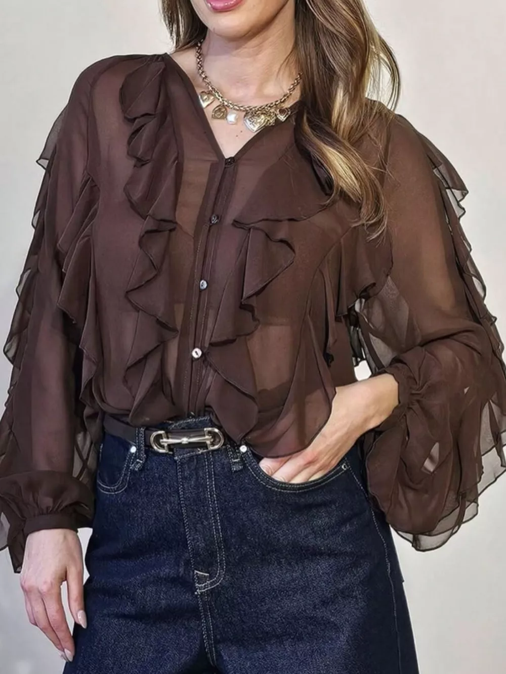 Ruffled Sheer Long Sleeve Blouse, image 27