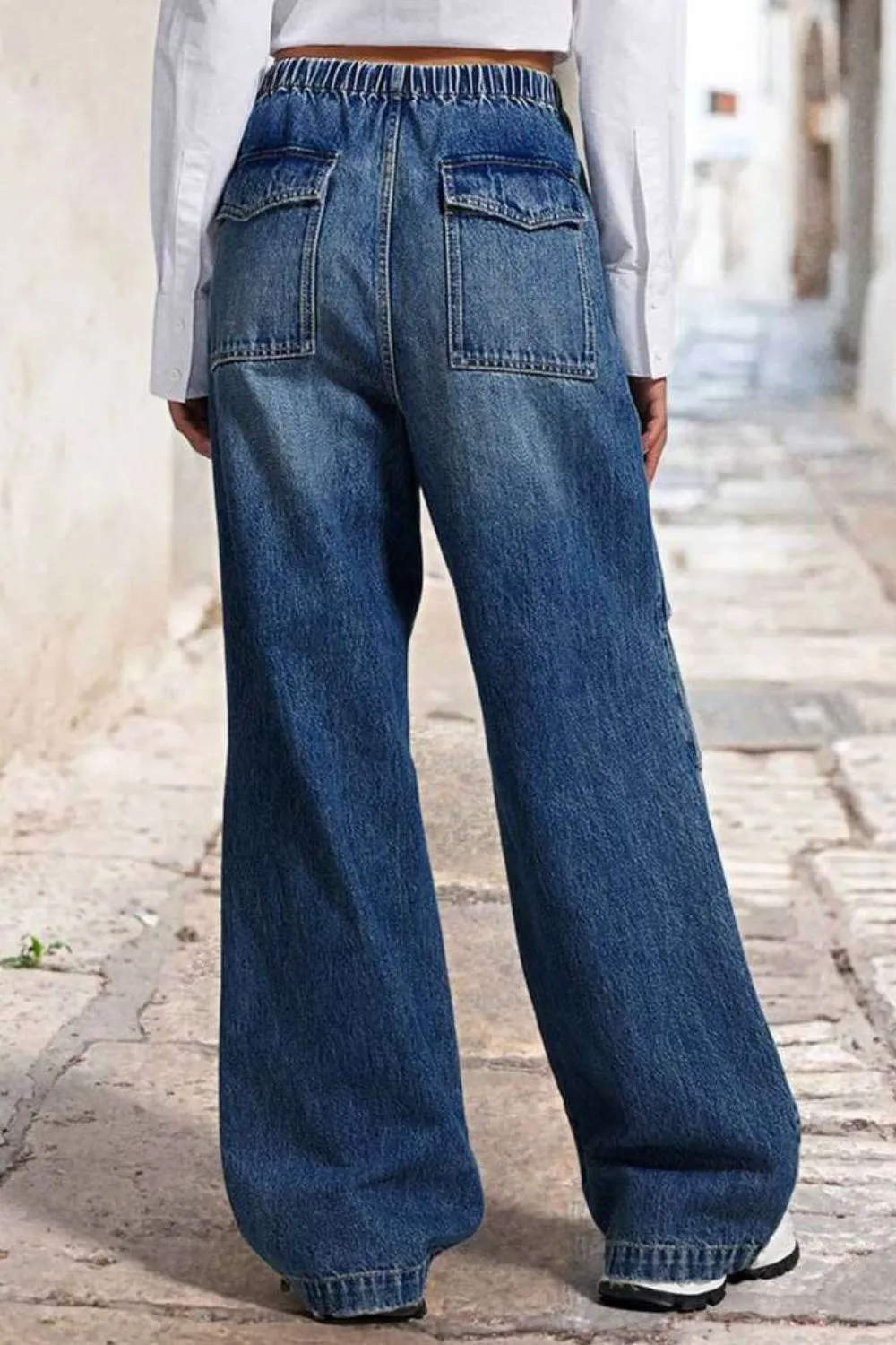 Drawstring Waist Wide Leg Shirred Jeans, image 4