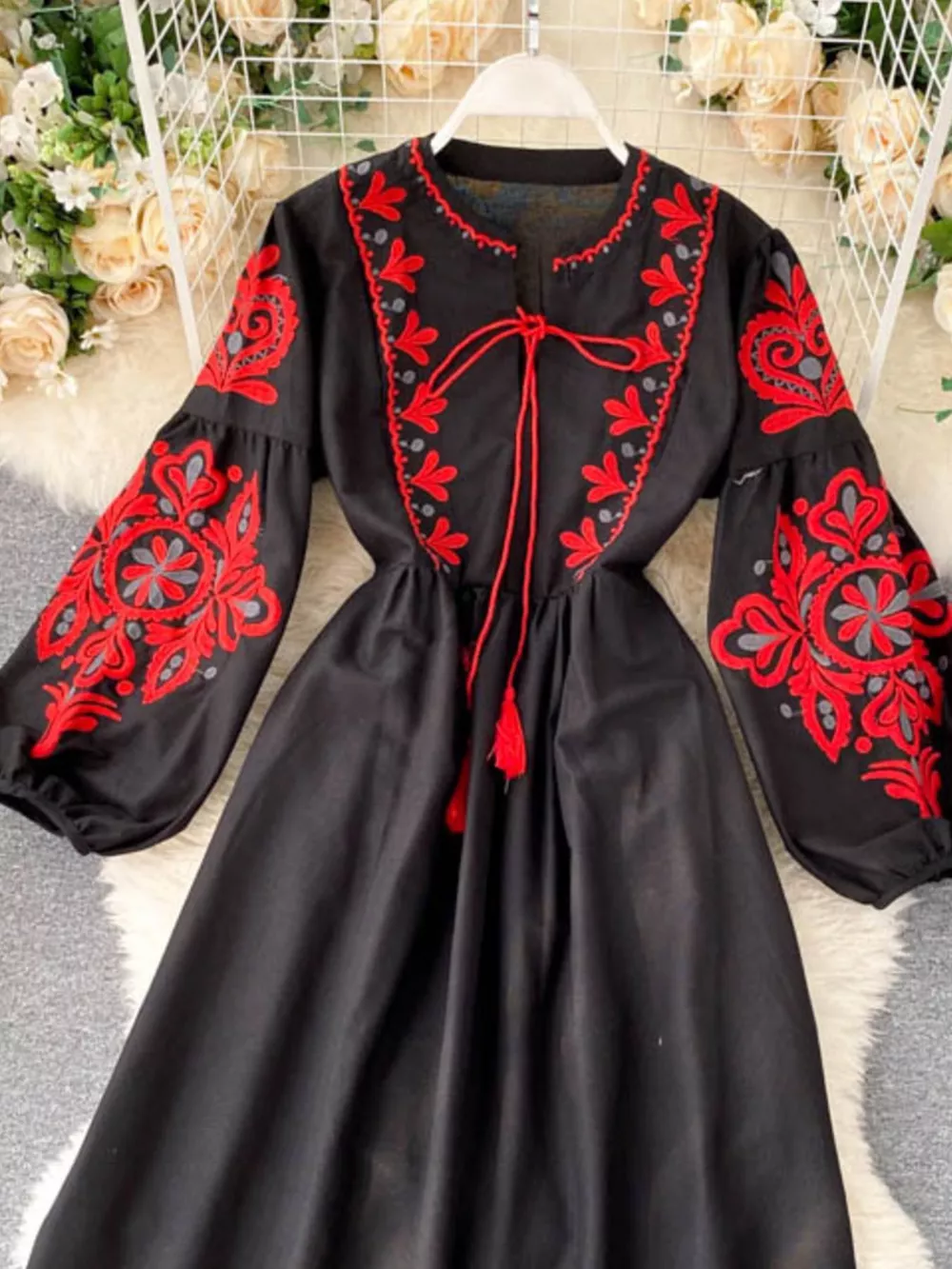 Embroidered Tie Neck Long Sleeve Dress, image 12