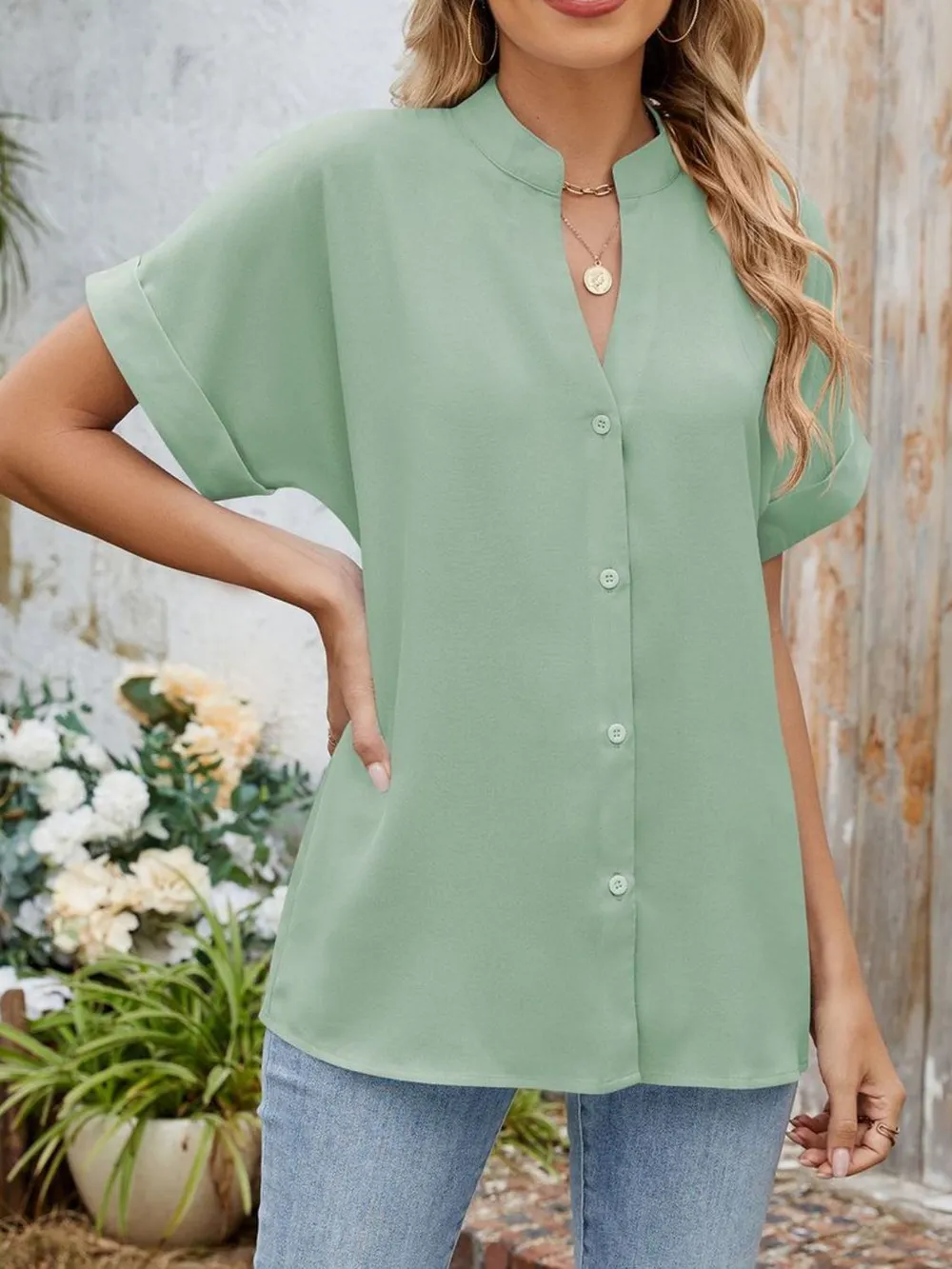 Notched Short Sleeve Blouse, image 26