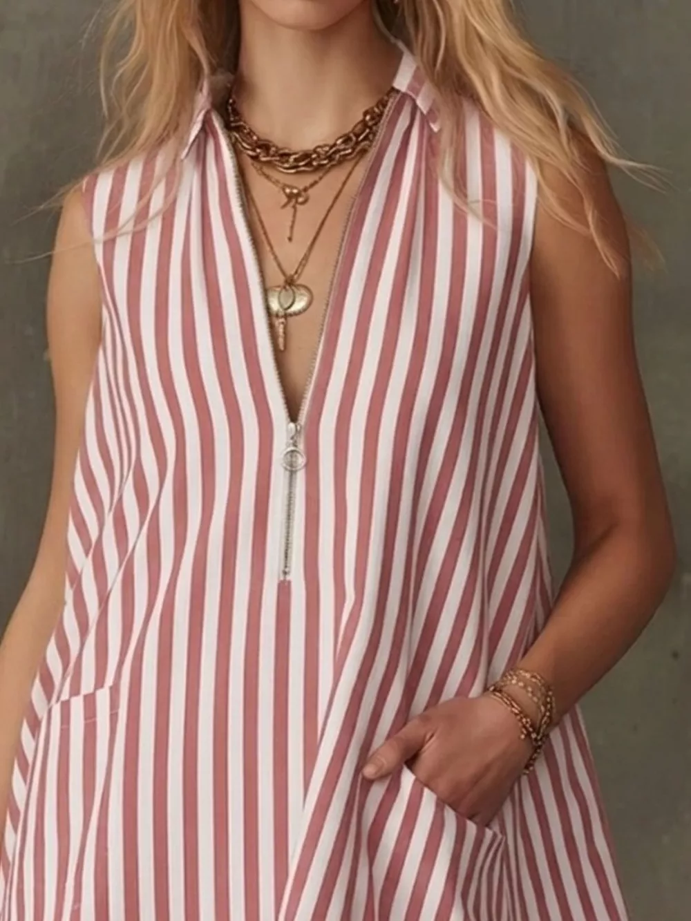 Striped Zipper Neck Ruffle Hem Dress, image 2