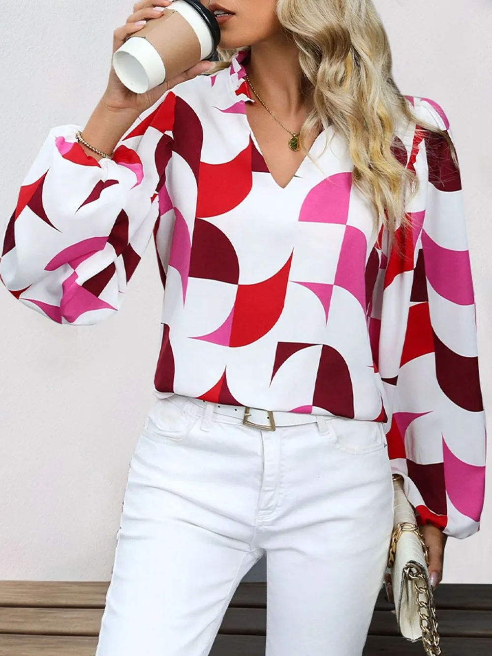 Frill Notched Long Sleeve Blouse, image 8
