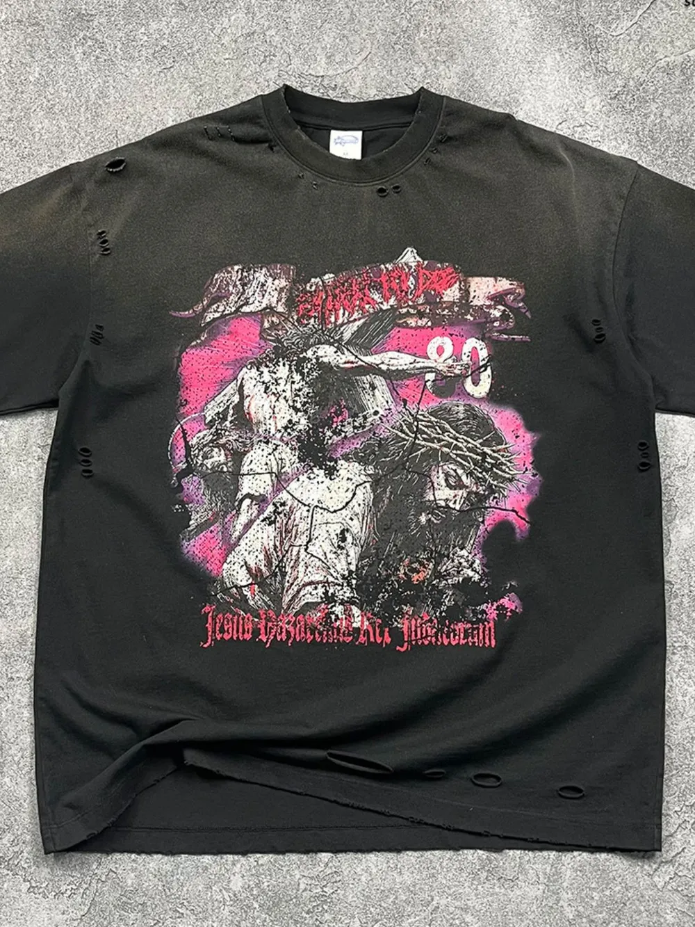 Men's Distressed Detail Round Neck Graphic T-Shirt, image 3