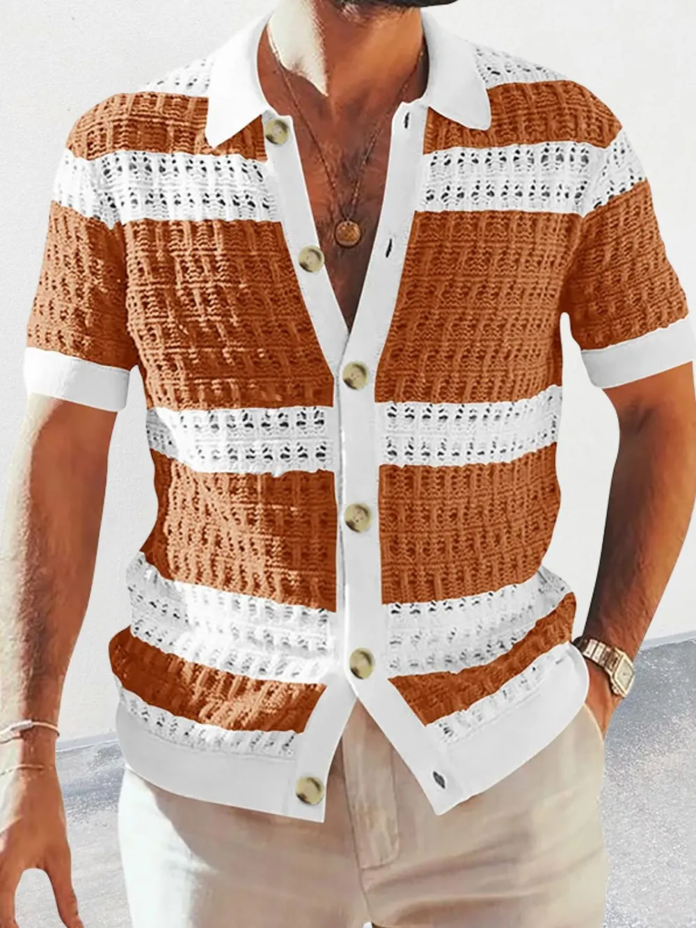 Men's Button Down Collared Neck Contrast Openwork Shirt, image 5